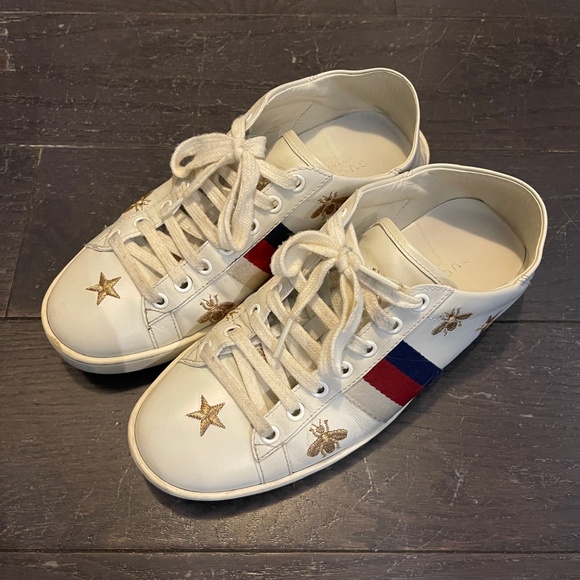 GUCCI Ace Bee Star White Leather shoe trainers Sneakers Ladies size 37 - Picture 1 of 10